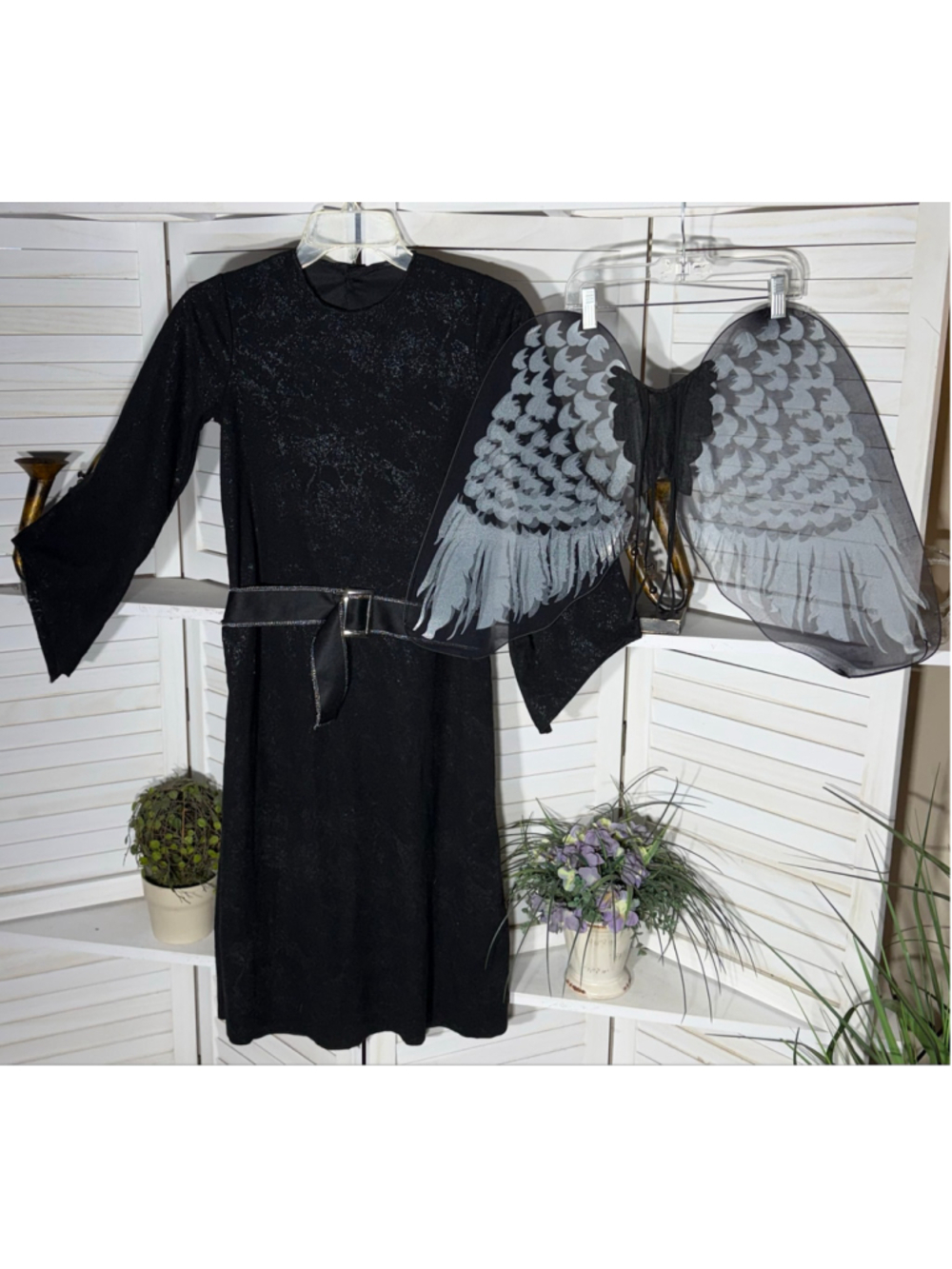 Dark angel vintage Halloween costume black dress robe and wings set sz S
